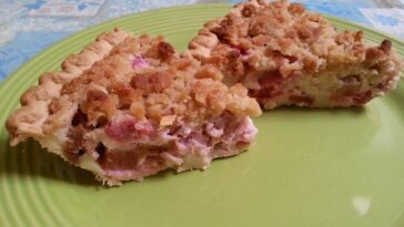 Freshly Baked Sour Cream Rhubarb Pie on Kitchen Counter.