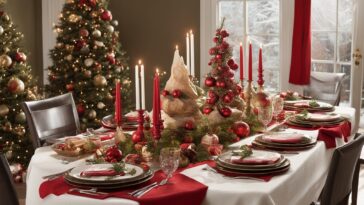 Holiday home beautifully decorated for a festive party with cozy lighting and elegant table setting