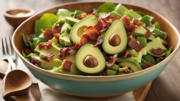 Healthy Avocado Walnut Crispy Bacon Salad for Weight Loss, featuring vibrant greens, ripe tomatoes, and a zesty lime dressing on a white serving dish